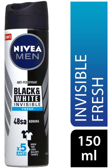 Nivea Men Erkek Sprey Deodorant Black & White Invisible Fresh 150Ml,48 Saat Anti-Perspirant Koruma ürün görseli 1