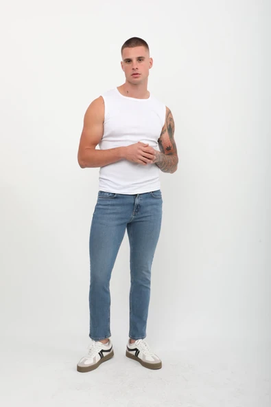 Erkek Slim Fit Normal Bel Düz Kesim Dar Paça Mavi Jean Pantolon ürün görseli 1