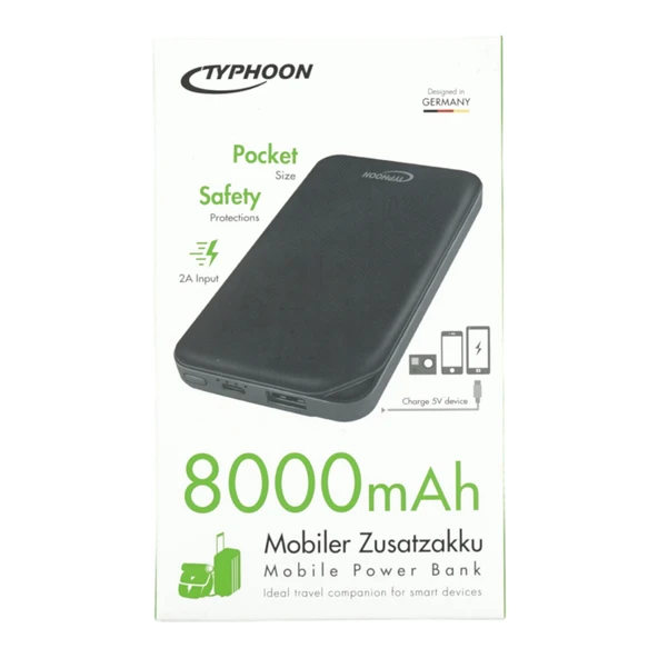 Typhoon Powerbank Taşınabilir Şarjları 8000mAh Mobil Ek Pil yolculuk Güç Bankası Siyah Şarj USB LED gösterge 2A ürün görseli 1