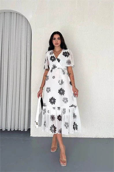 Dipmoda kadın kuşaklı çiçek desenli şifon elbise DPK41181 ürün görseli 1