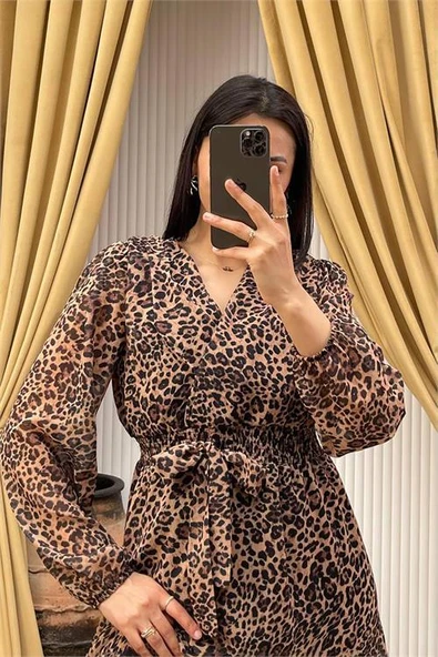 Dipmoda kadın kuşaklı leopar desenli şifon elbise DPMY3709 ürün görseli 1