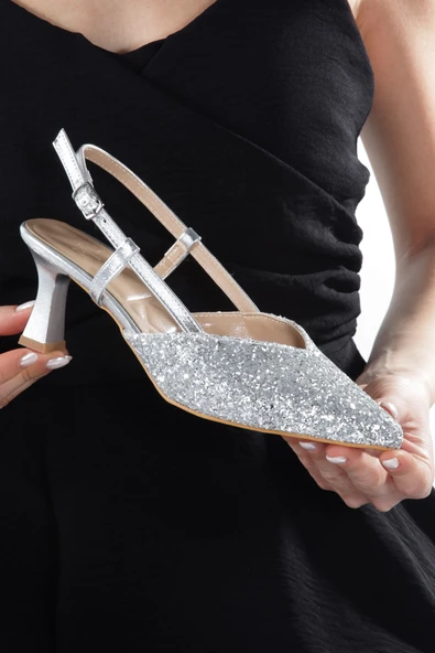 Paris S Gümüş Cam Kırığı Abiye Ayakkabı Kısa Topuklu Stiletto ürün görseli 1