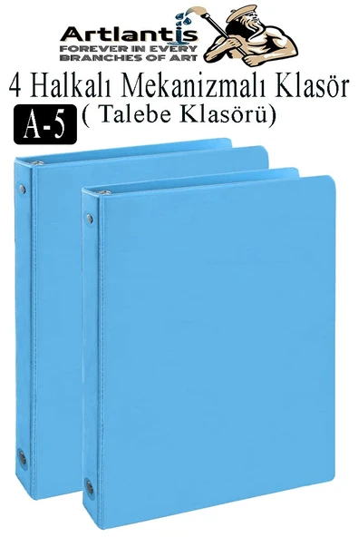 Açık Mavi 4 Halkalı Klasör 2 Adet A5 PVC Öğrenci ve Ofis Tipi Evrak Sunum Klasörü İç Cepli Otomatik Mekanizmalı Büro ürün görseli 1