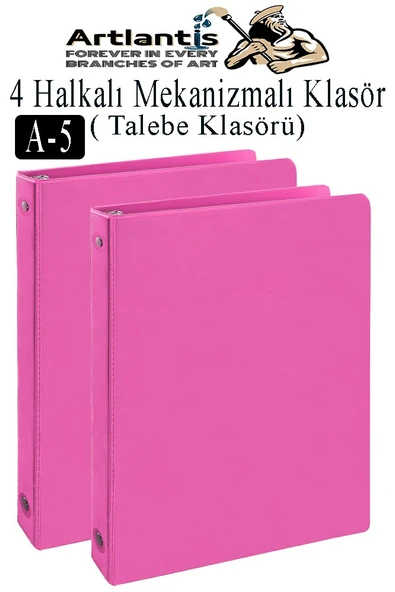 Pembe 4 Halkalı Klasör 2 Adet A5 PVC Öğrenci ve Ofis Tipi Evrak Sunum Klasörü İç Cepli Otomatik Mekanizmalı Büro ürün görseli 1