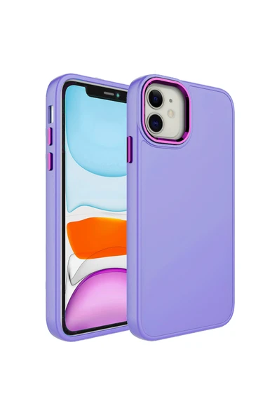 İphone 11 Uyumlu Metal Çerçeve ve Buton Tasarımlı Silikon Luna Kılıf-Lavendery Gray ürün görseli 1