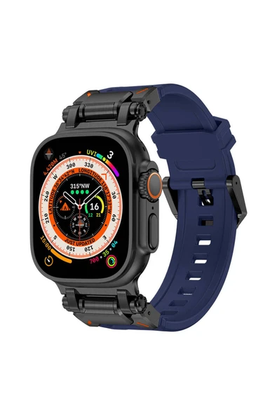 Apple Watch Ultra 49mm Clo Krd-101 Titanyum Metal Başlıklı Silikon Kordon-siyah-mavi ürün görseli 1
