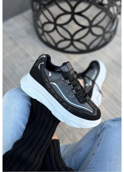 Siyah Renk, Süet, Gri Detaylı, Hafif, Ortapedik Taban, Kadın Spor, Yüksek Taban Ayakkabı, Sneaker Tarzkea ürün görseli 1