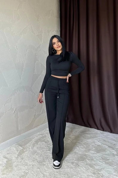 Siyah Bel Büzgülü Pantolon - Resim 3
