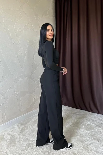Siyah Bel Büzgülü Pantolon - Resim 4