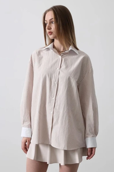 Çizgili Oversize Gömlek - Bej - Resim 3