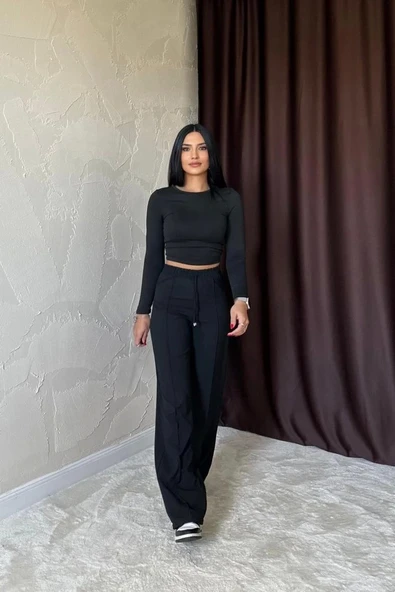 Siyah Bel Büzgülü Pantolon - Resim 2