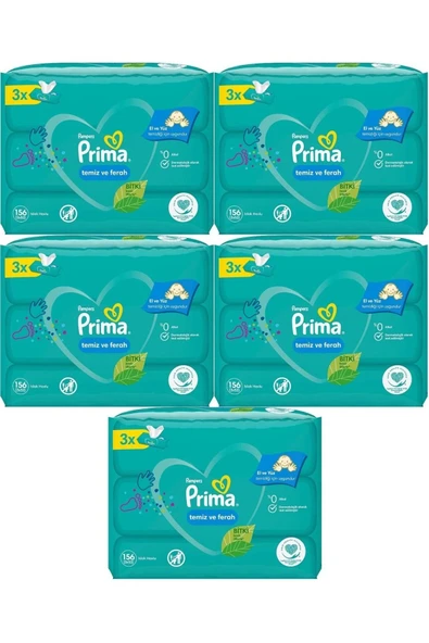 Prima Islak Havlu Mendil Temiz ve Ferah Bebek Kokulu (15'li Set) (5 Paket x 3) 780 Yaprak ürün görseli 1