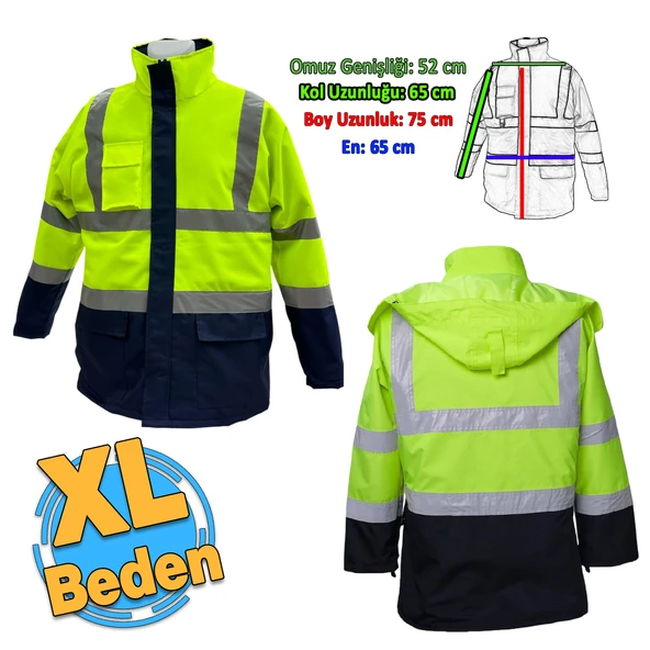 Cepli Reflektif XL Beden Fosforlu Fermuarlı Kaban Kapüşonlu Parka Sarı Lacivert Kaban İşçi Parkası ürün görseli 1