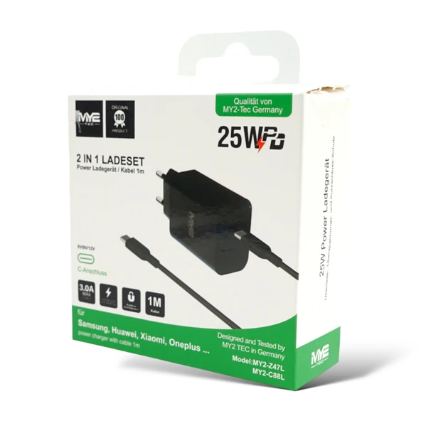 MY2 Tec 2'si 1 arada şarj seti IPhone 15 Samsung Huawei Xiaomi Oneplus USB-C için şarj kablosu siyah 25W 3A 100cm ürün görseli 1