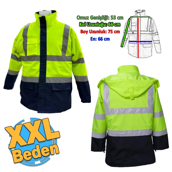 Cepli Reflektif XXL Beden Fosforlu Fermuarlı Kaban Kapüşonlu Parka Sarı Lacivert Kaban İşçi Parkası ürün görseli 1
