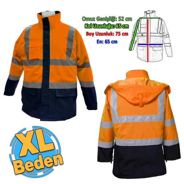 Cepli Reflektif XL Beden Fosforlu Fermuarlı Kaban Kapüşonlu Parka Turuncu Lacivert Kaban İşçi Parkası ürün görseli 1