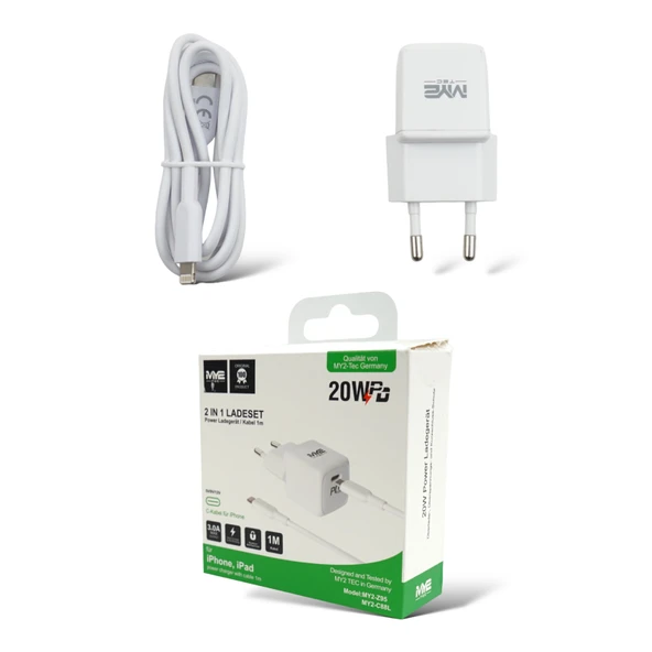 MY2 Tec 2'si 1 arada şarj seti Apple IPhone 14 lightning USB-C için şarj kablosu siyah 20W 3A 100cm ürün görseli 1