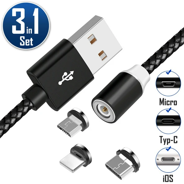 3'ü 1 Arada Manyetik Şarj Kablosu Seti iPhone iPad Samsung USB-C & Lightning 2.4A 100cm Siyah ürün görseli 1