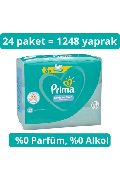 Prima Islak Havlu Mendil Temiz ve Ferah Bebek Kokulu (24'lü Set) (8 Paket x 3) 1248 Yaprak ürün görseli 1