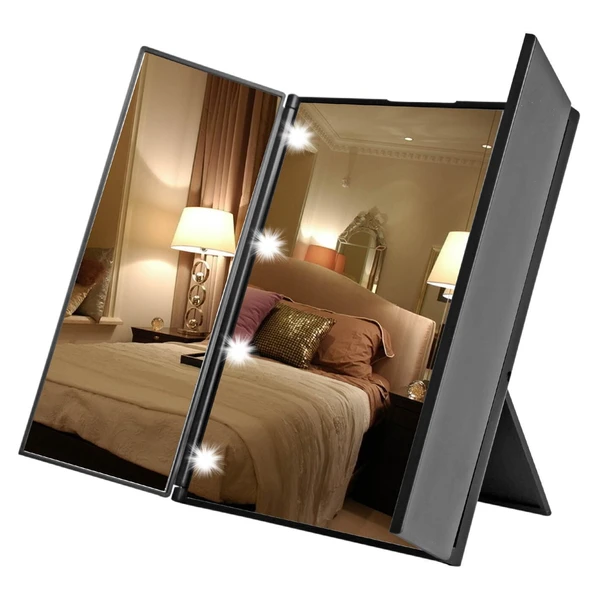 Monozone Katlanabilir 8LEDli  Makyaj Aynası Taşınabilir Seyahat Aynası 3 Taraflı MasaÜstü 25-15cm ürün görseli 1