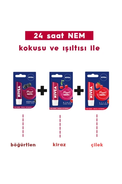 NIVEA Dudak Kremi 3ü Bir Arada + Çilekli 4,8 gr + Böğürtlen 4,8 gr + Kiraz 4,8 gr ürün görseli 1