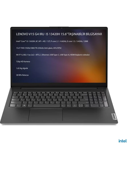 Lenovo V15 Gen 4 Iru Intel Core I5 13420H 16 GB 1 TB SSD Windows 11 Pro 15.6" Fhd Taşınabilir Bilgisayar 83A10096TRM8 ürün görseli 1