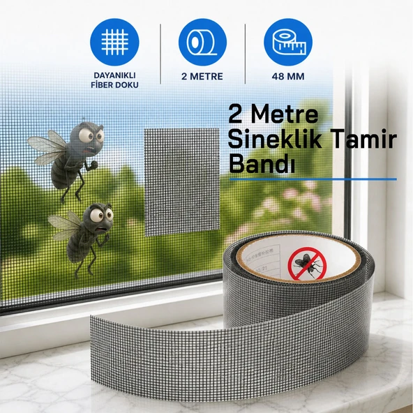 Yapışkanlı Sineklik Tülü Tamir Bandı Yırtık Kopmuş Delik Fiber Tül Yapıştırma Gri 48 mm x 2 Metre ürün görseli 1