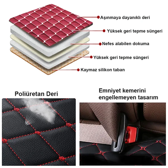 Kapitone Bordo Deri Oto Koltuk Minderi - Resim 5