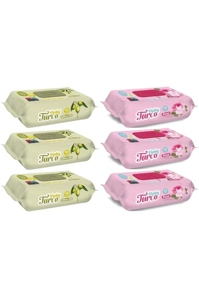 Baby Turco Islak Havlu Mendil 90 Yaprak Karma 6 Lı Set (gül/zeytinyağı) 540 Yaprak ürün görseli 1