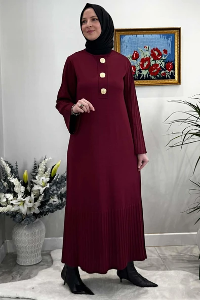 Banu Broşlu Triko Elbise Bordo - Resim 3