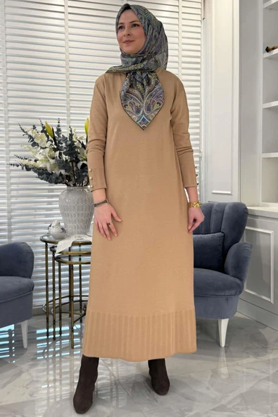 İsra Triko Elbise Bej - Resim 8
