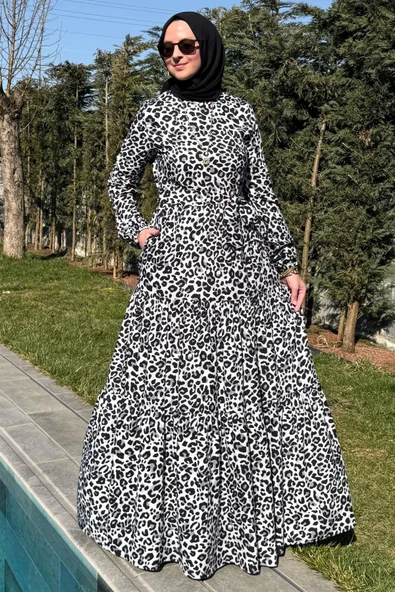 Leopar Desenli Elbise Siyah - Resim 9