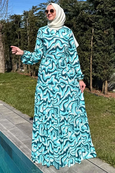 Su Desenli Elbise Turkuaz - Resim 8