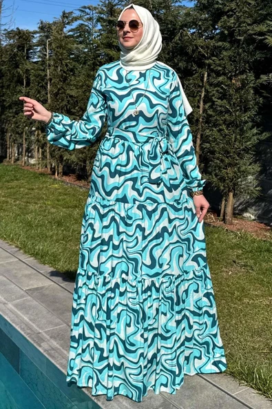 Su Desenli Elbise Turkuaz ürün görseli 1
