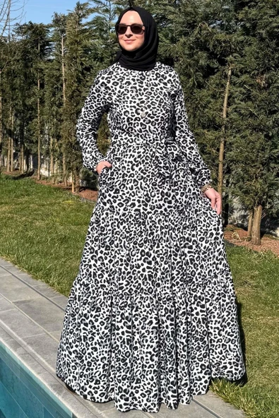 Leopar Desenli Elbise Siyah - Resim 3