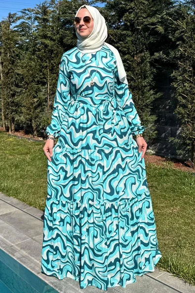 Su Desenli Elbise Turkuaz - Resim 3
