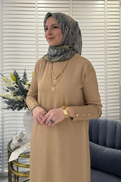 İsra Triko Elbise Bej - Resim 2