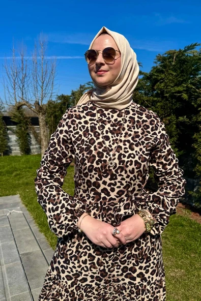 Leopar Desenli Elbise Kahve - Resim 2