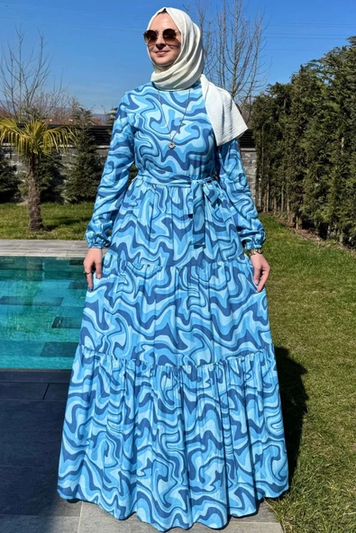 Su Desenli Elbise Mavi ürün görseli 1