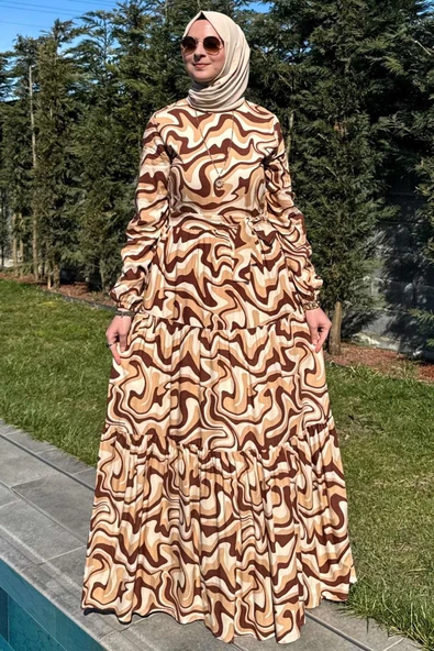 Su Desenli Elbise Kahve ürün görseli 1