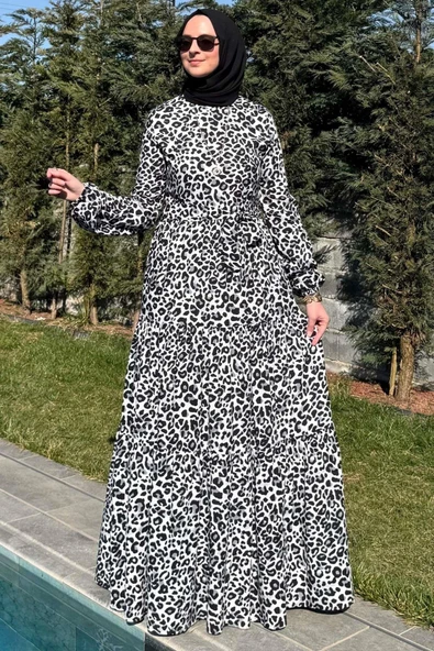 Leopar Desenli Elbise Siyah - Resim 5