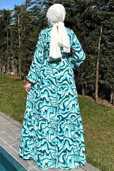 Su Desenli Elbise Turkuaz - Resim 9