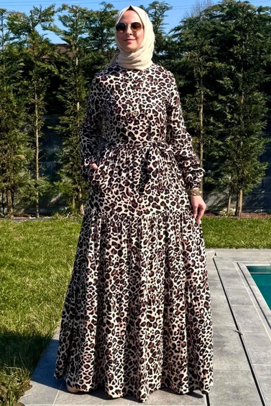 Leopar Desenli Elbise Kahve - Resim 8