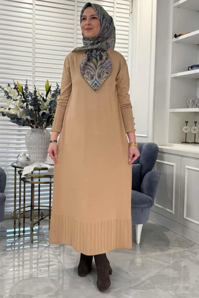 İsra Triko Elbise Bej - Resim 7
