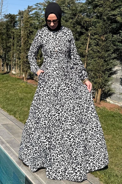 Leopar Desenli Elbise Siyah - Resim 7