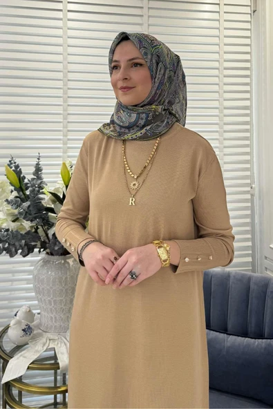 İsra Triko Elbise Bej - Resim 4