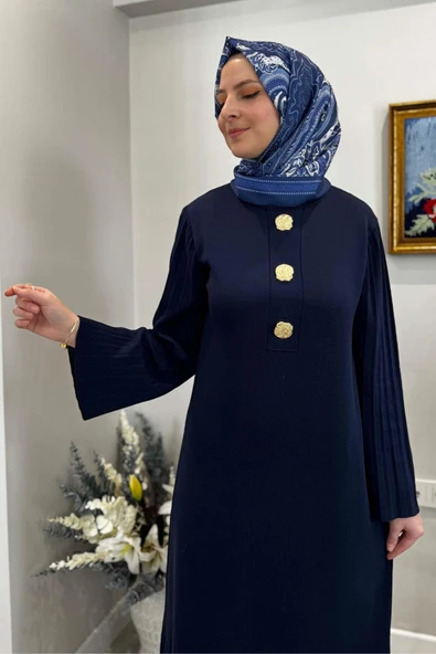 Banu Broşlu Triko Elbise Lacivert - Resim 2
