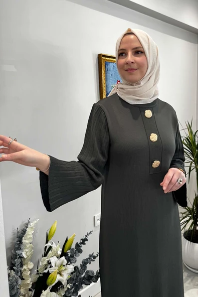 Banu Broşlu Triko Elbise Haki - Resim 2
