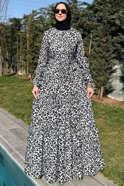 Leopar Desenli Elbise Siyah - Resim 6