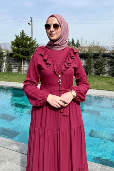 Jale Elbise Bordo - Resim 4